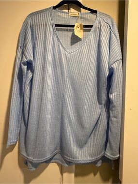 Andthewhy Light Blue Ribbed V-Neck Top